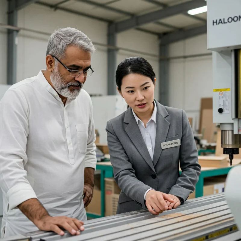 HALOONG's CNC sales consultant is explaining machine knowledge to guests from India
