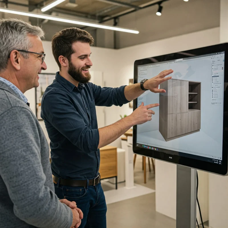 A designer is discussing furniture design plans with a client.