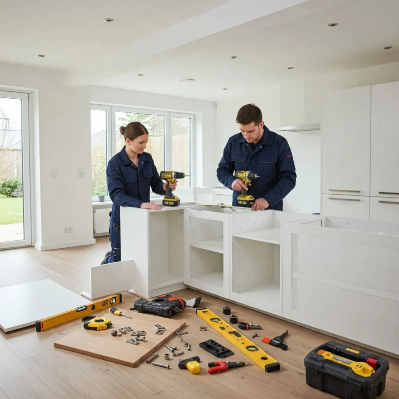 installers assembling a custom kitchen cabinet